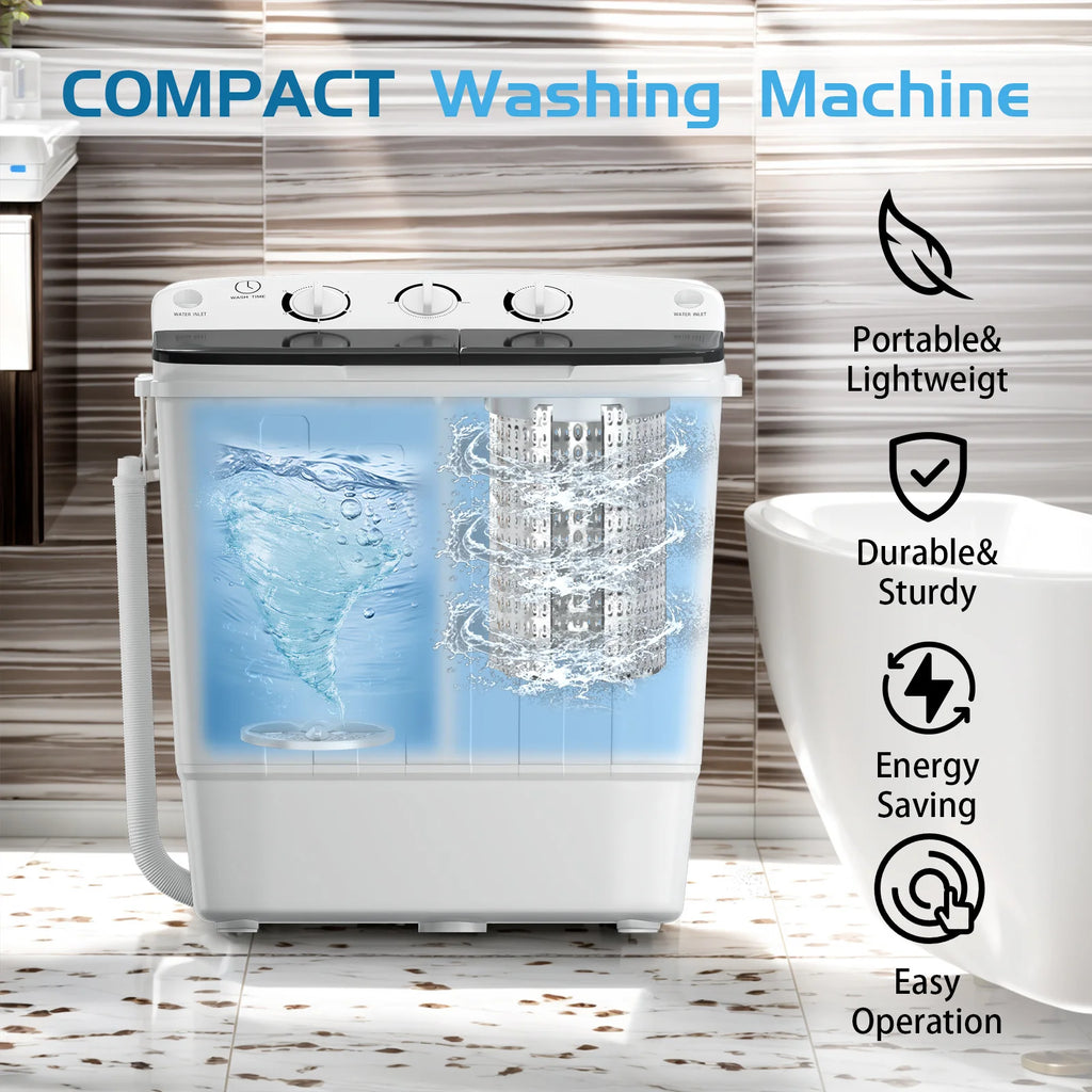 18lbs Compact Mini Twin Tub Washing Machine With Drying Rack, 11lbs Washer Mini Compact Laundry Machine And 7lbs Spinner, 1300RPM, Convenient And Efficient For Dorms, Apartment