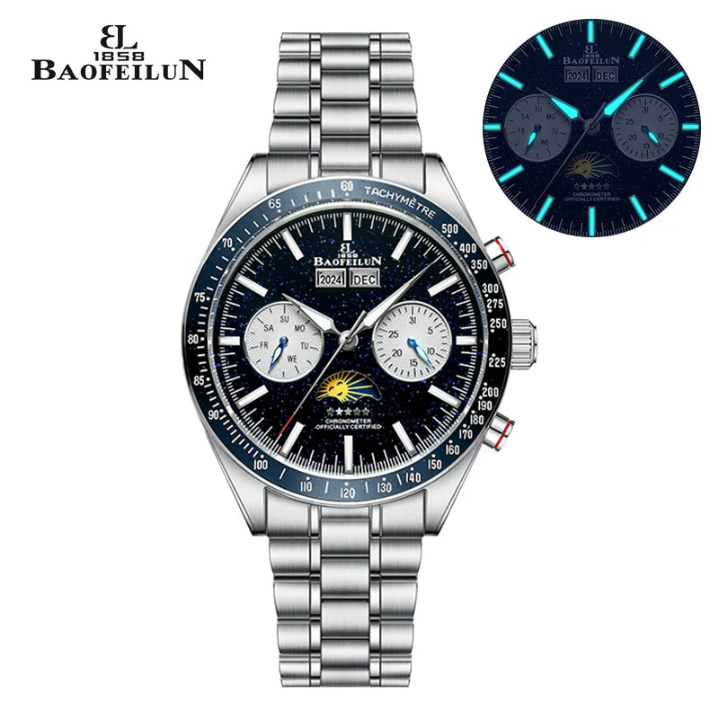 BAOFEILUN Moonwatch Style Automatic Watch Full Calendar 42MM Galaxy Dial Mineral Crystal 30M Waterproof Luxury Reloj Hombre Gift