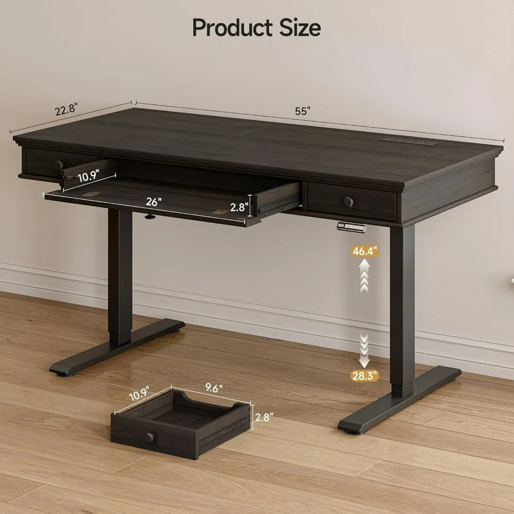 Standing Desk with Drawers, 55 x 23 Inch Electric Height Adjustable Desk with Storage & Outlets, for Computer Workstation, Home