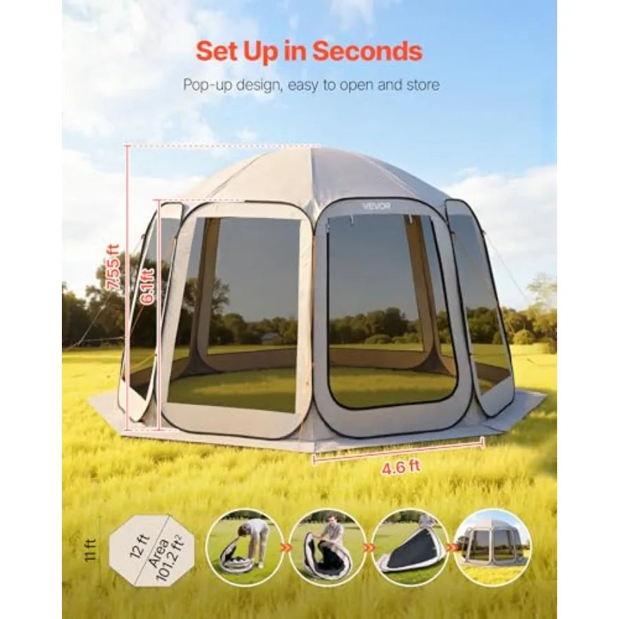 12 x 11 ft Pop up Screen House Tent 10-12 Person Screen Gazebo w/Carry Bag Netting Sides and Ground Stakes Quick Setup Screened