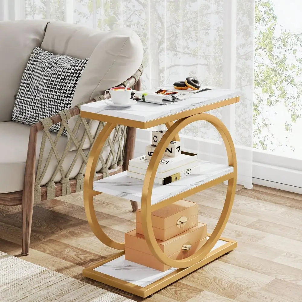 End Table, Narrow End Table With 3 Storage Shelves, Wood Side Table With Black Metal Frames, Industrial Small Sofa Side Table F