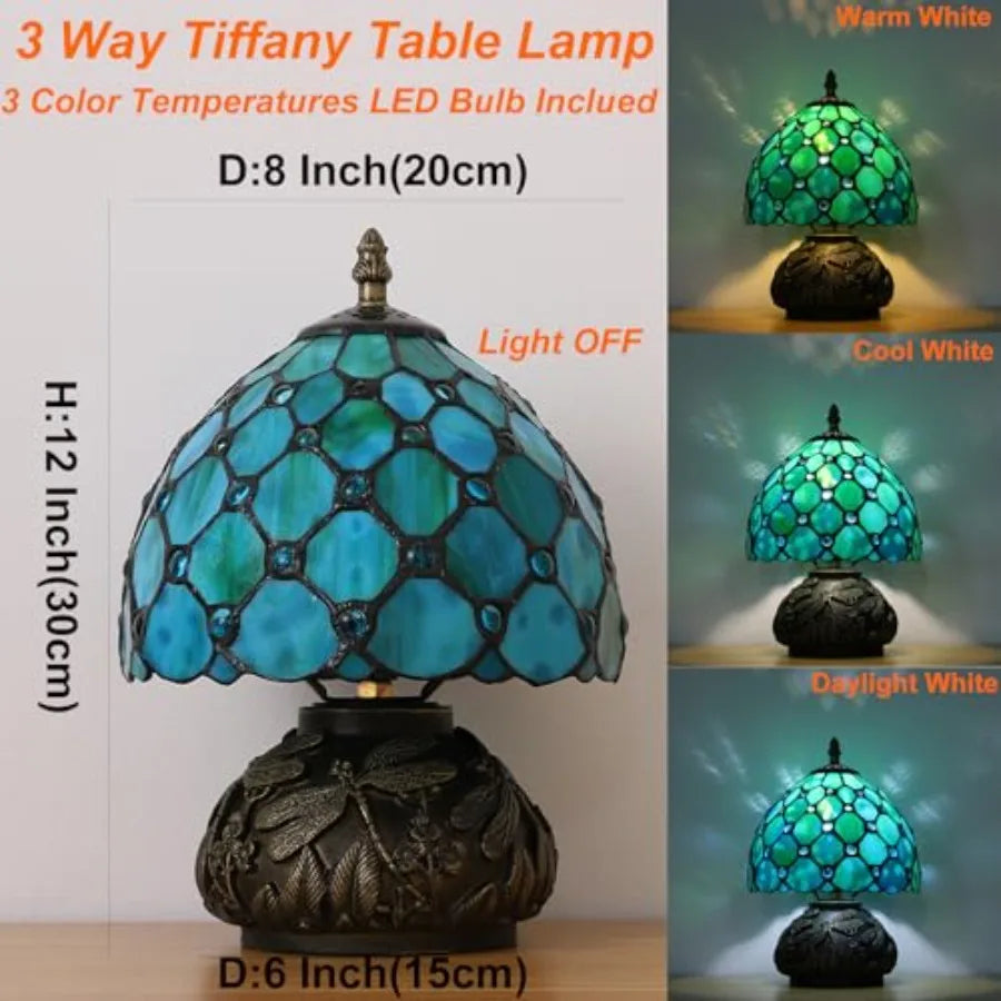Tiffany Style Small Table Lamp for Bedroom3 Color-temperatures Stained Glass Night Light Antique Nightstand Bedside Lamps Livin