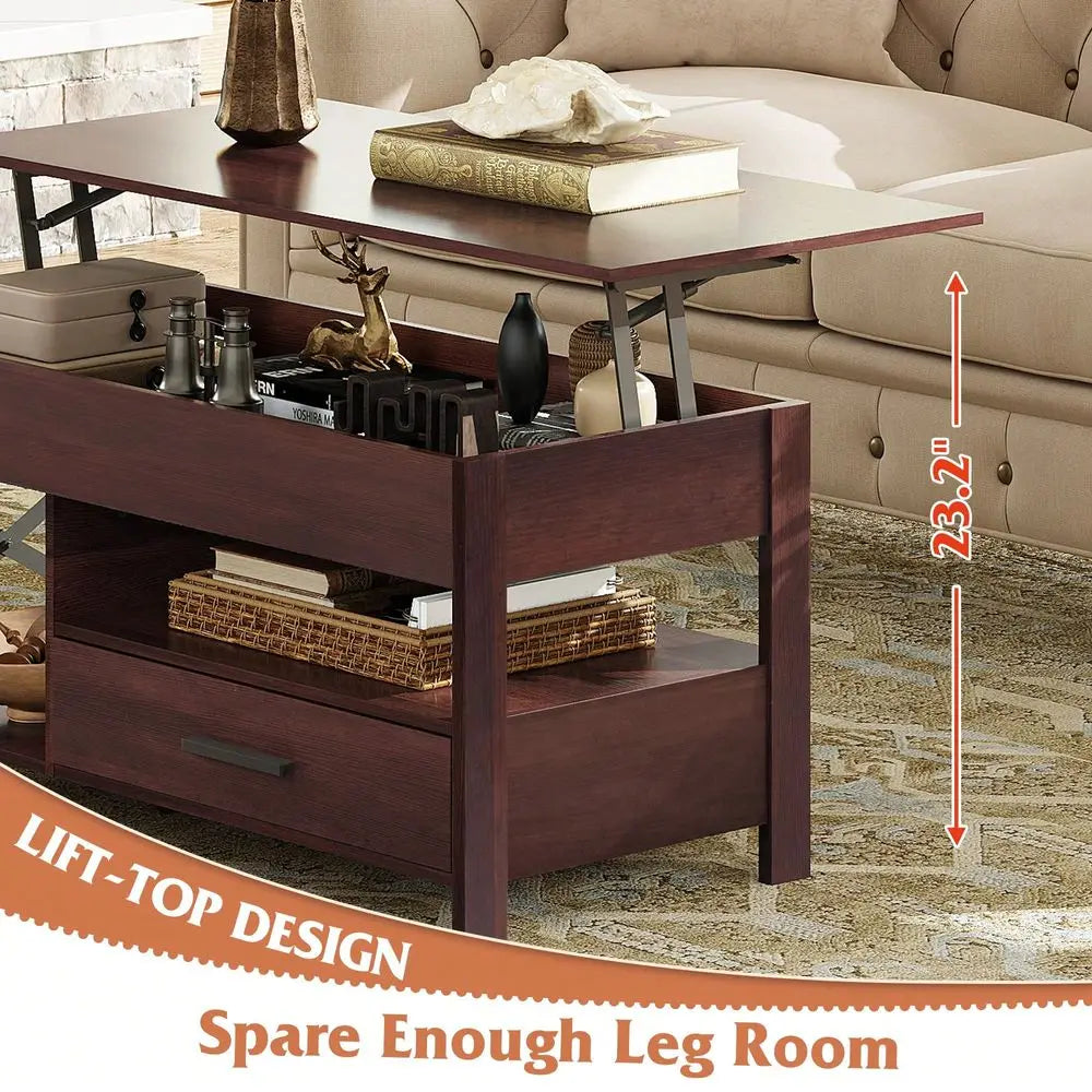 Table, 39 Lift Top Coffee Table With Hidden Compartment, Storage Drawers And Storage Shelf For Living Room, Reception Room, Esp