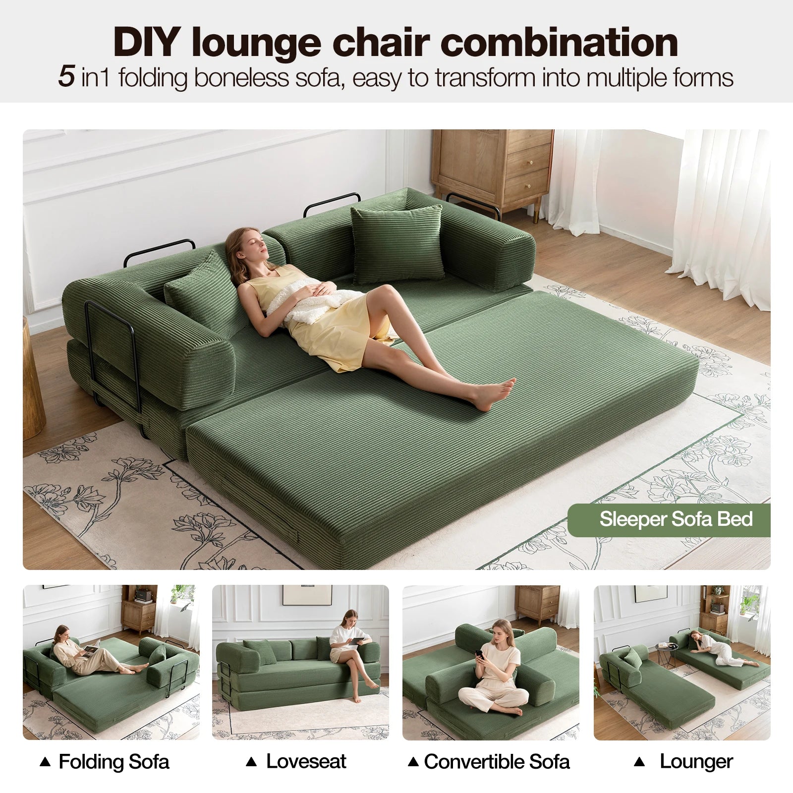 79" Convertible Sofa Bed with Fixed-Shape Frame, Modular Corduroy Sleeper Sofa, Folding Mattress Couch for Small Spaces
