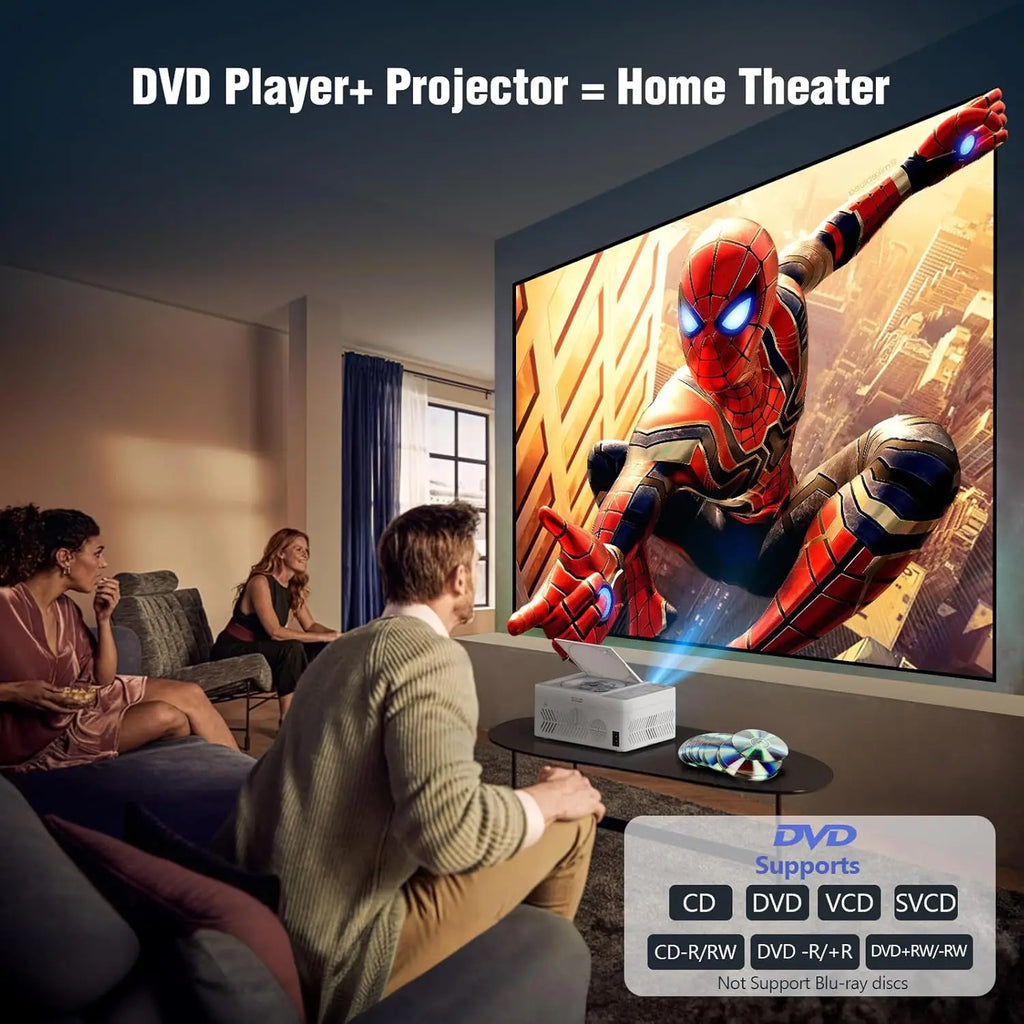 1080P Mini Projector with Built-in DVD Player, Portable for Outdoor Movies, Supports HDMI/USB/TF, White