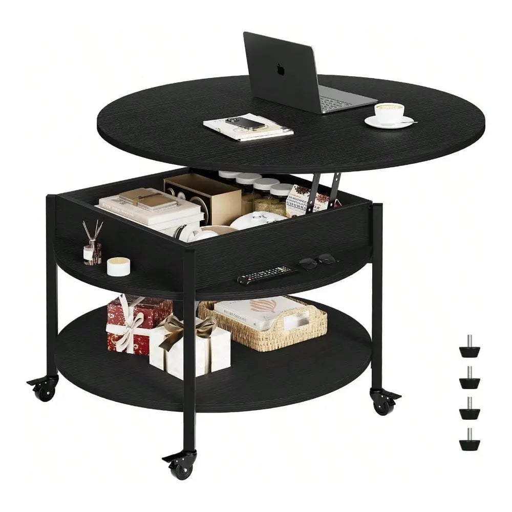 Desk, Round Lift Top Coffee Table With Wheels, Circle Center Table With Storage And Compartment, 26.77 Rolling Coffee Table Liv