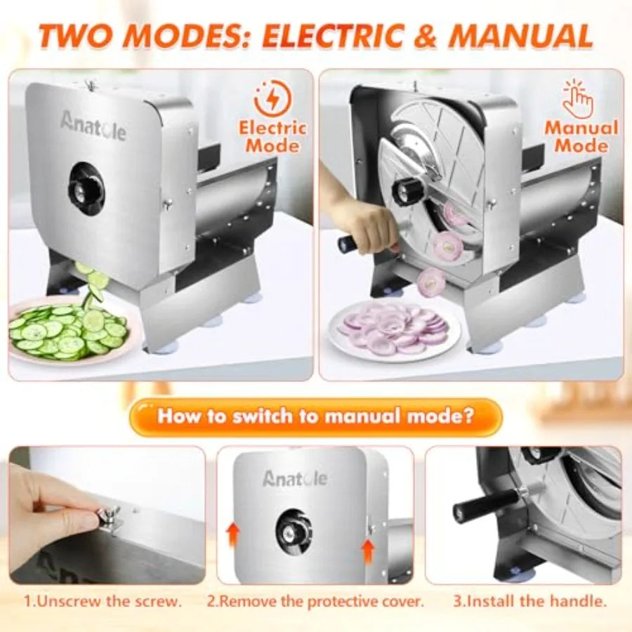 Electric Vegetable Slicer Commercial Fruit Cutter Stainless Steel 0-0.4'' Thickness Adjustable with Manual Mode for Tomato Onio