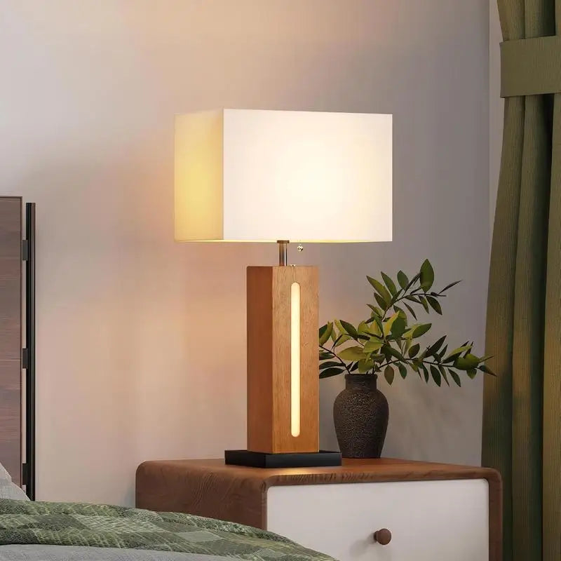 Set of 2 Modern Dimmable Bedside Lamps with LED Nightlight, Rustic Square Wood Grain Nightstand Lamps with Linen Shades for