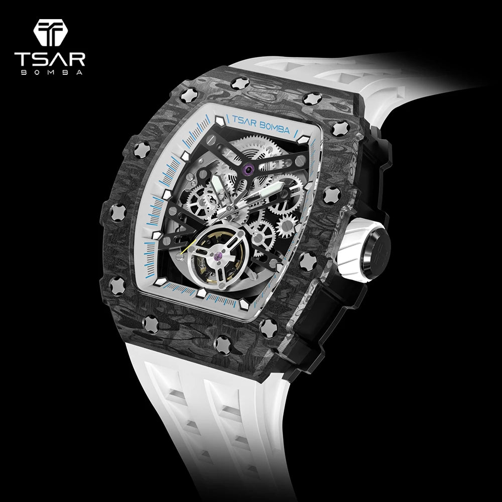TSAR BOMBA 2022 Luxury Mens Automatic Watch Waterproof Carbon Fiber Clock Tonneau Skeleton Mechanical Wrist Watch for Men