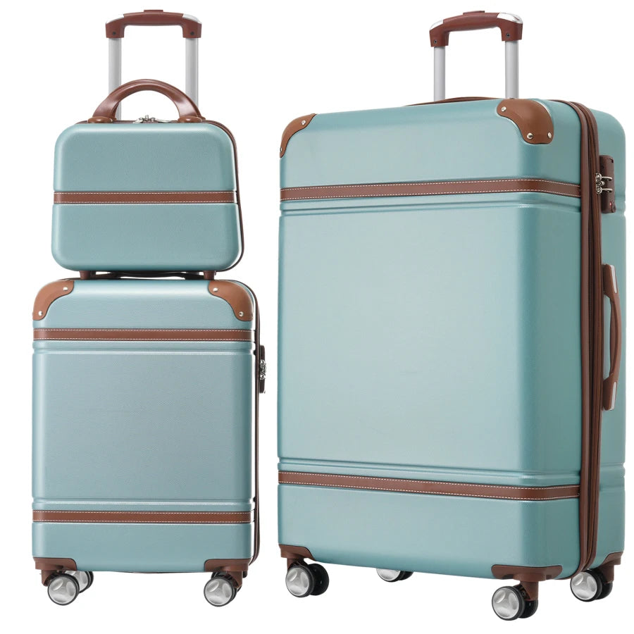 Hardshell luggage sets for travel: 3-piece green set with 20 and 28 spinner suitcases plus cosmetic case, featuring TSA lock an
