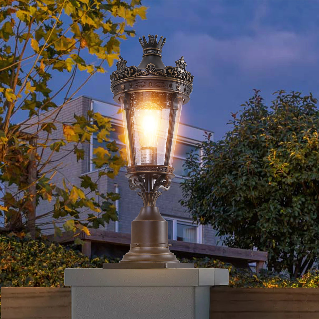 Vintage Crown Outdoor Post Lantern, Waterproof Decorative Table Lamp with Clear Glass Shade and Antique Metal Base (No bulb)