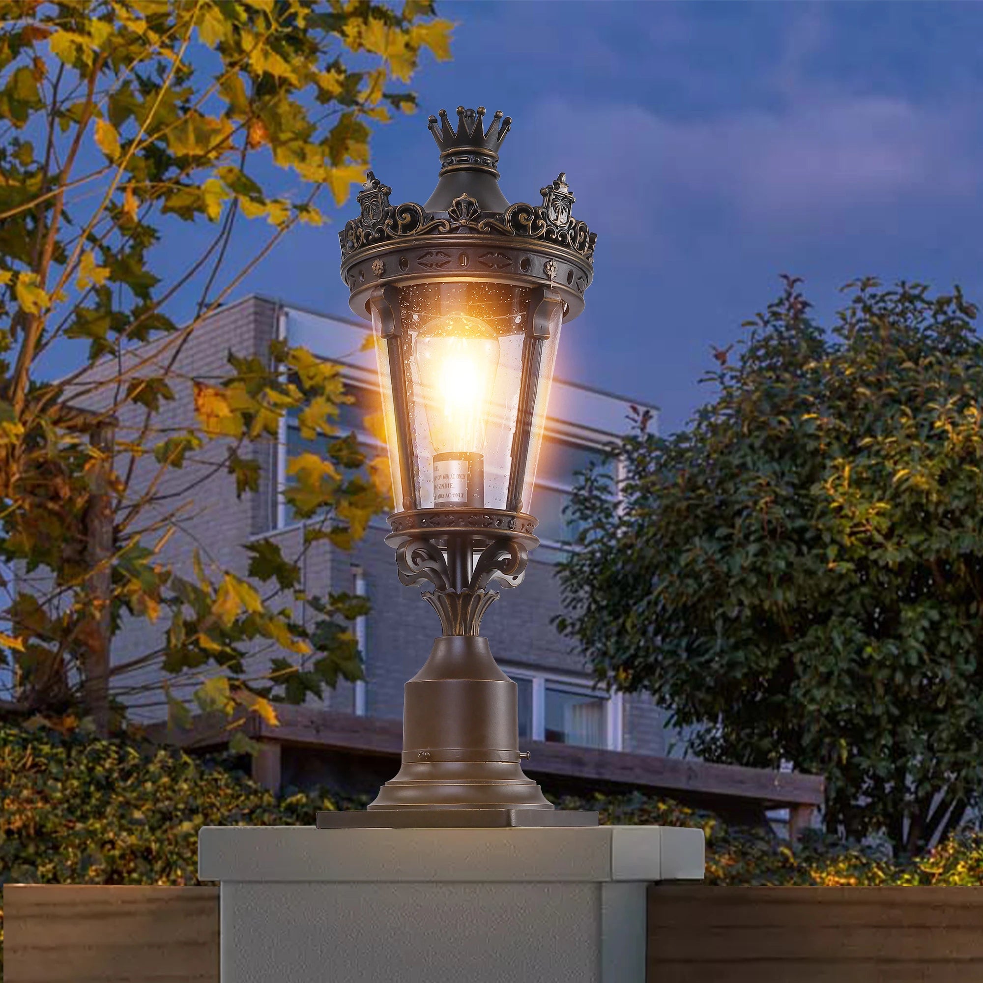 Vintage Crown Outdoor Post Lantern, Waterproof Decorative Table Lamp with Clear Glass Shade and Antique Metal Base (No bulb)