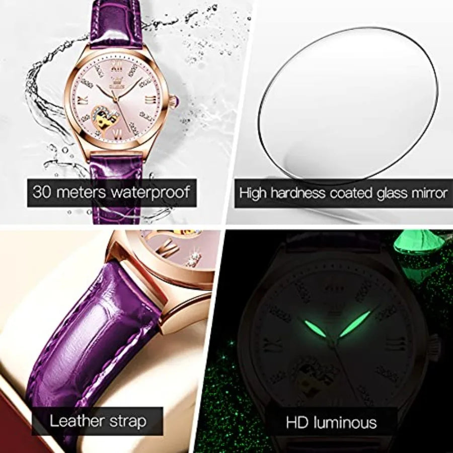 Watches for Women Automatic Ladies Watch Mechanical Leather Strap Self-Winding Diamond dial Waterproof