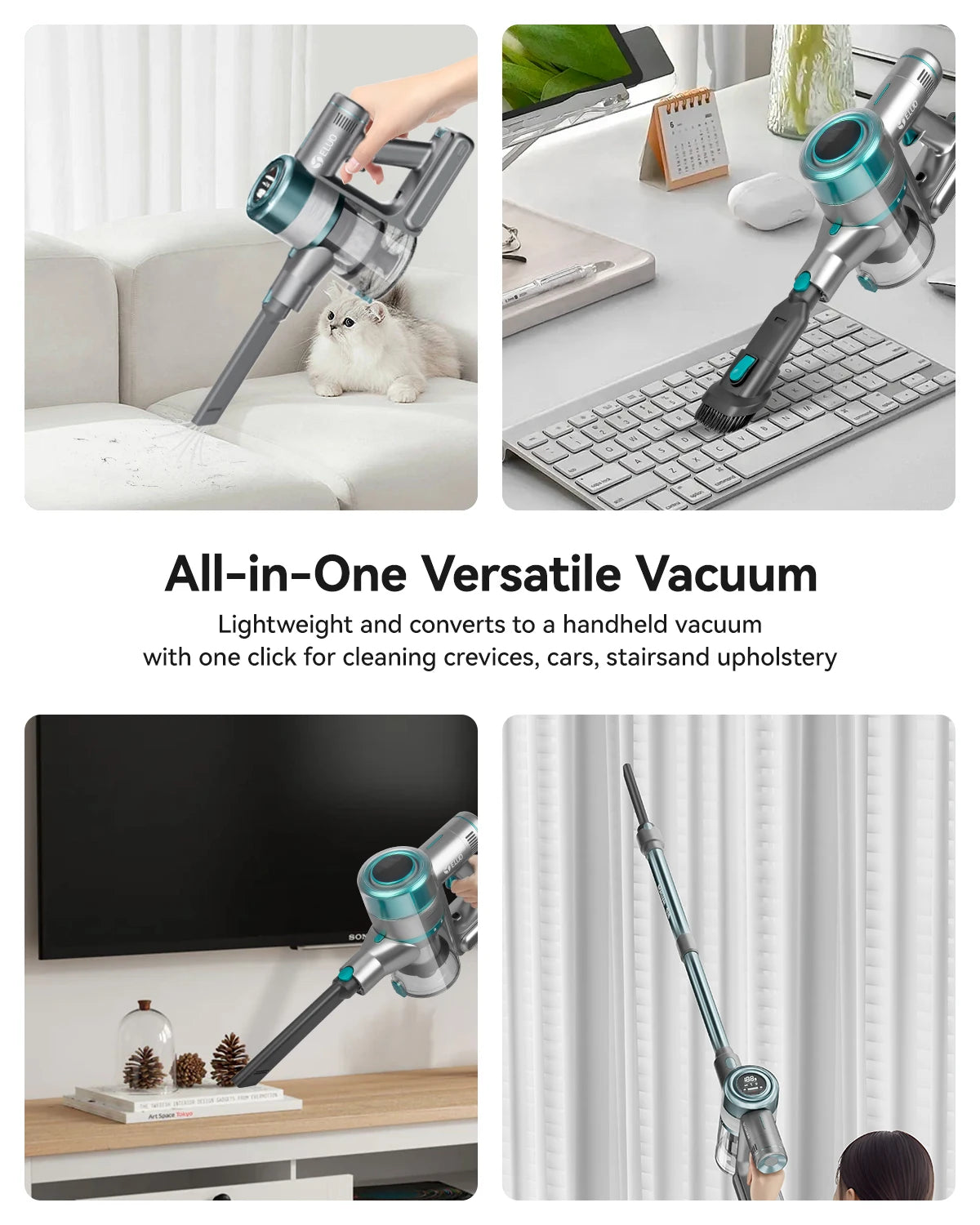 E.LUO Vacuum Cleaner Stretchable Lightweight Dust Sensor Strong Suction 1h Run Time for Home Pet Carpets Floor Car Cleaning