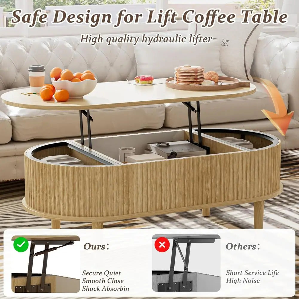 39 Inch Oval Storage Coffee Table with Hidden Compartment, Fully Assembled Wooden Center Table for Living Room or Office, Natura