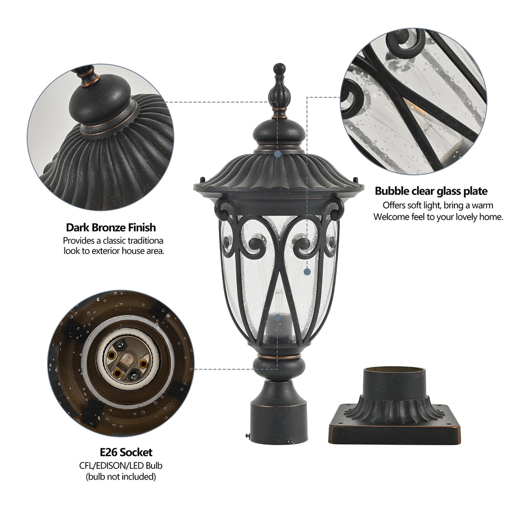 Vintage Black Outdoor Post Lantern - Waterproof Aluminum Lamp Post Light with Bubble Glass, Decorative Garden Lighting(No Bulb)