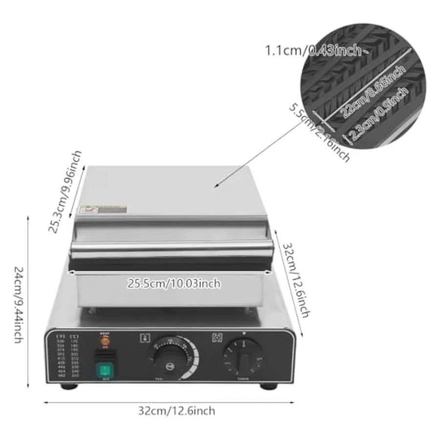 Commercial Waffle Maker 1750W Waffle Iron Kitchen Appliances 0-5 Minutes Timing 122-572 Temperature Enlarged Handle Indicator L