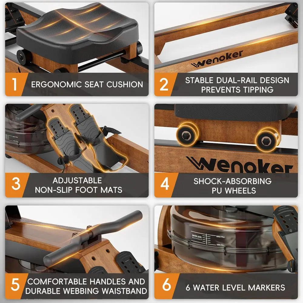 Rowing Machine for Home Use, Wooden Foldable Rower Machine with Dedicated Monitor amp Bluetooth APP, Large Water Tank amp Comfo