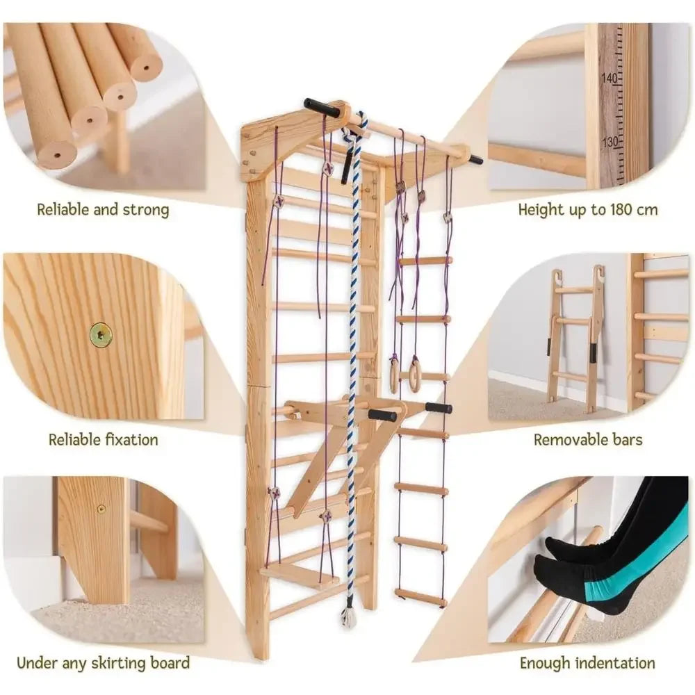 Wooden Wall Ladder with Pull-Up and Dip Station - Multifunctional Home Gym Equipment for Strength and Stretching