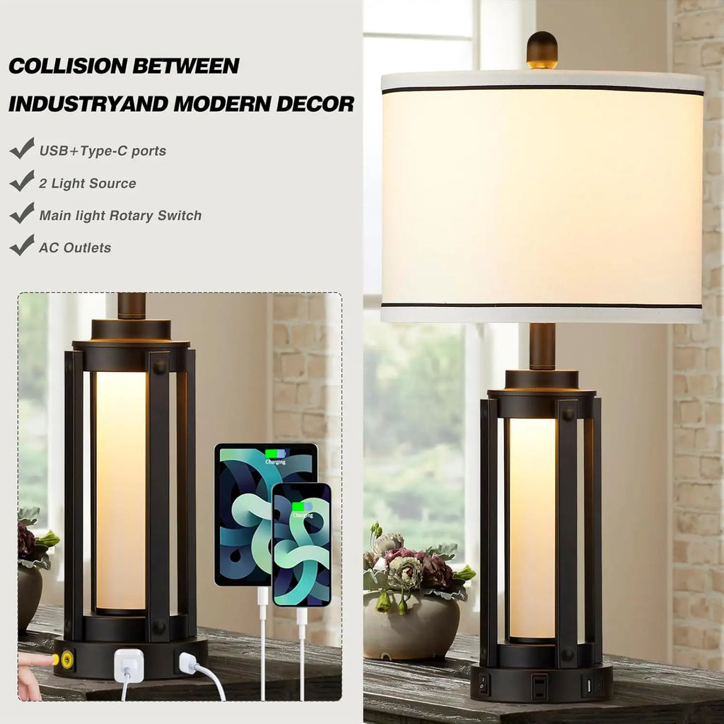 Set of 2 Modern Industrial Table Lamps with USB A+C Charging Ports, AC Outlet, and Night Light for Living Room Bedroom Decor
