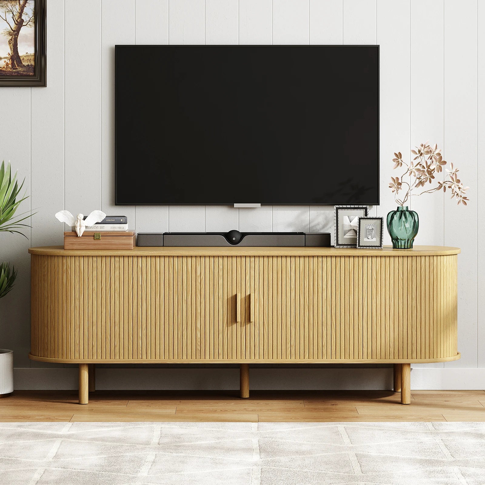 TV Stand Living Room Furniture with Power Outlet for TVs up to 60/70",TV Table with Sliding Doors Storage Adjustable Shelves