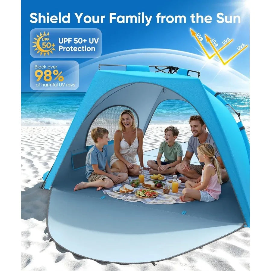 Beach Tent Sun Shelter for 5-6 Person, Polyester Fabric, Navy Blue, UPF 30+ UV Protection Breathable Mesh Windows