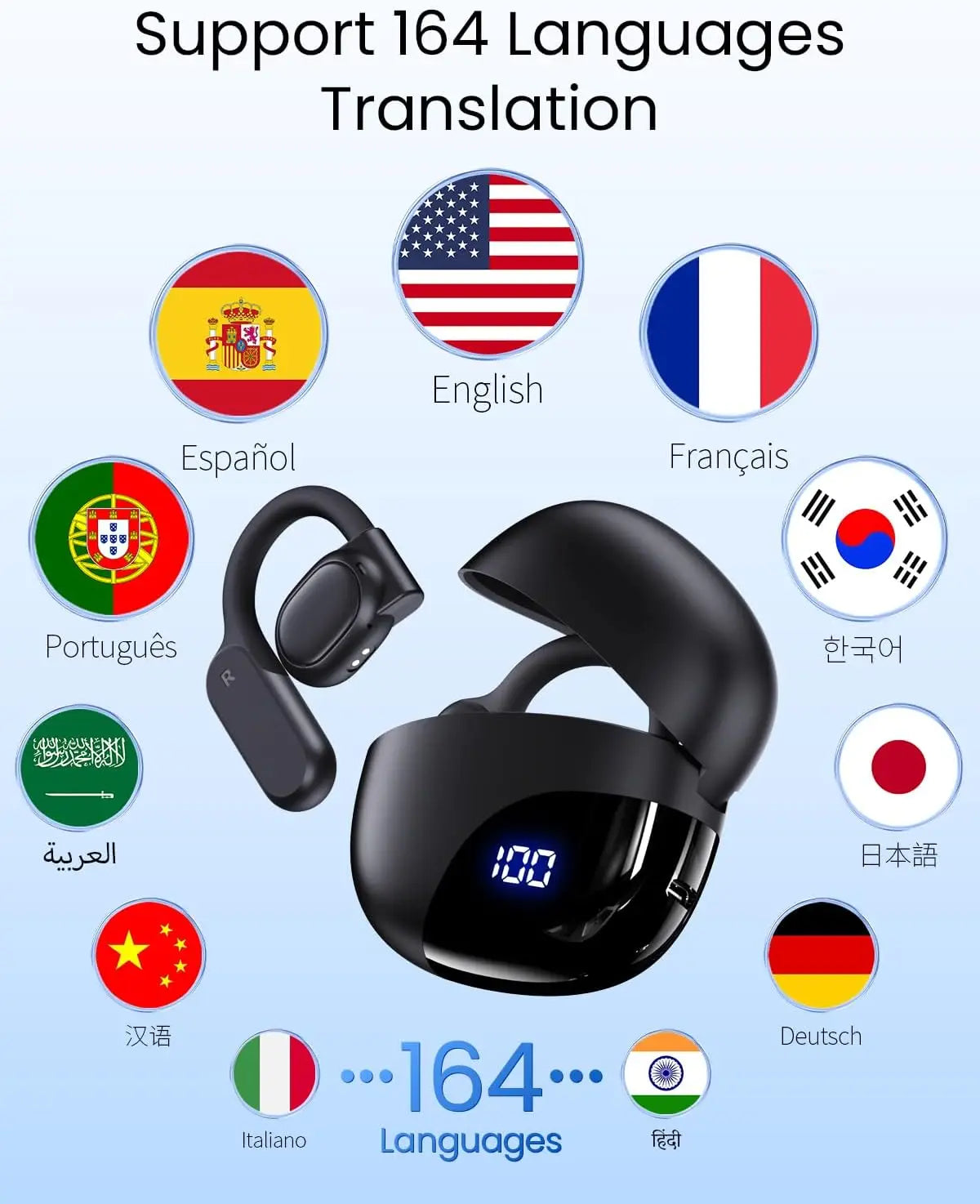 AI Translation Earbuds Real Time 164 Languages 80H Playtime Wireless Bluetooth for Travel Meeting Learning Black