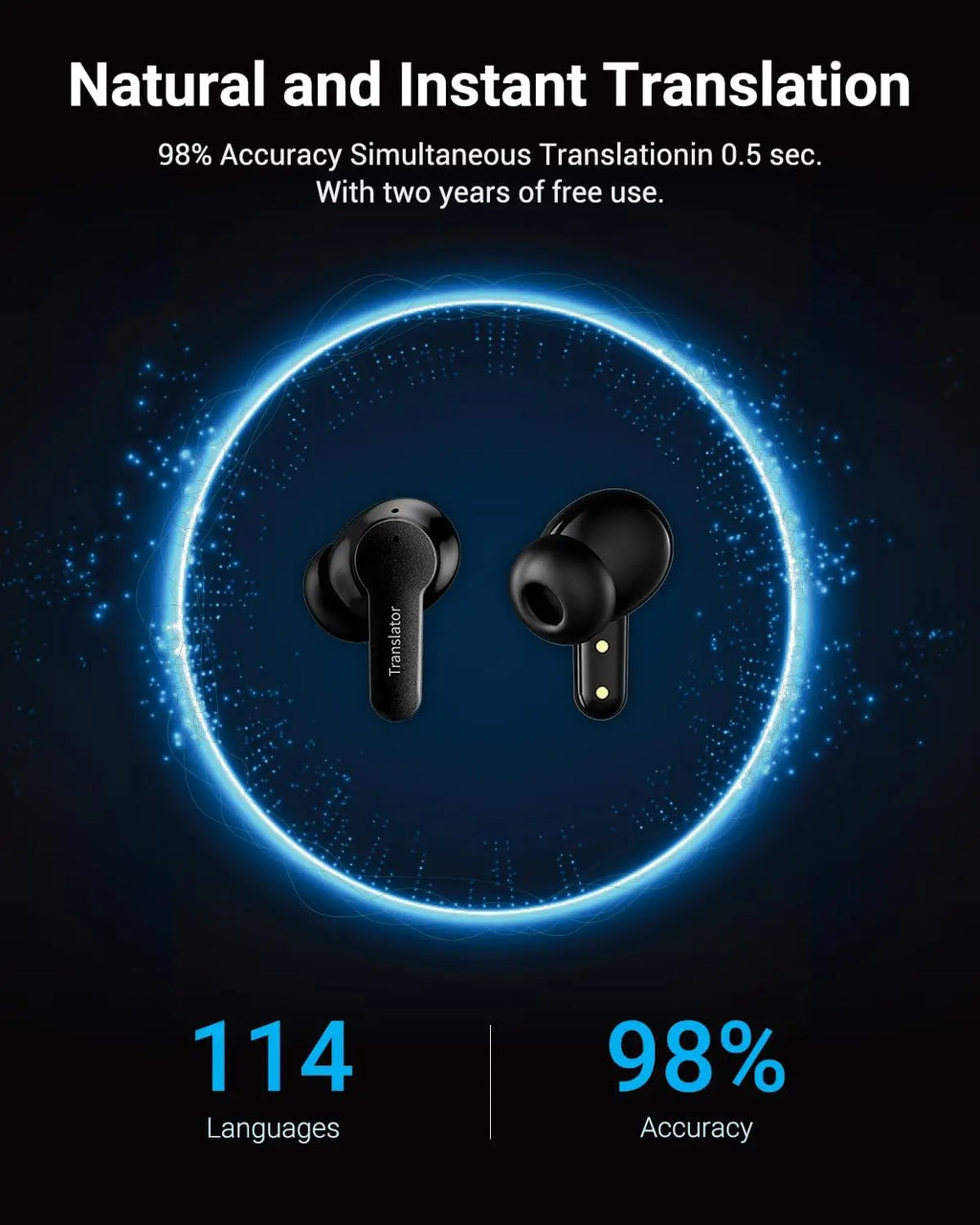 Real-Time AI Translation Earbuds, 144 Languages, 5 Modes for Travel Business Learning - Black
