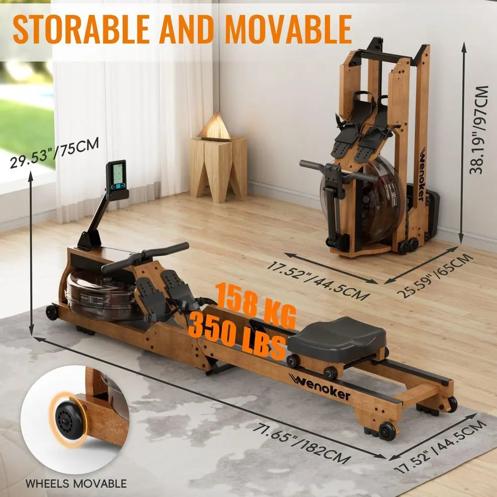 Rowing Machine for Home Use, Wooden Foldable Rower Machine with Dedicated Monitor amp Bluetooth APP, Large Water Tank amp Comfo