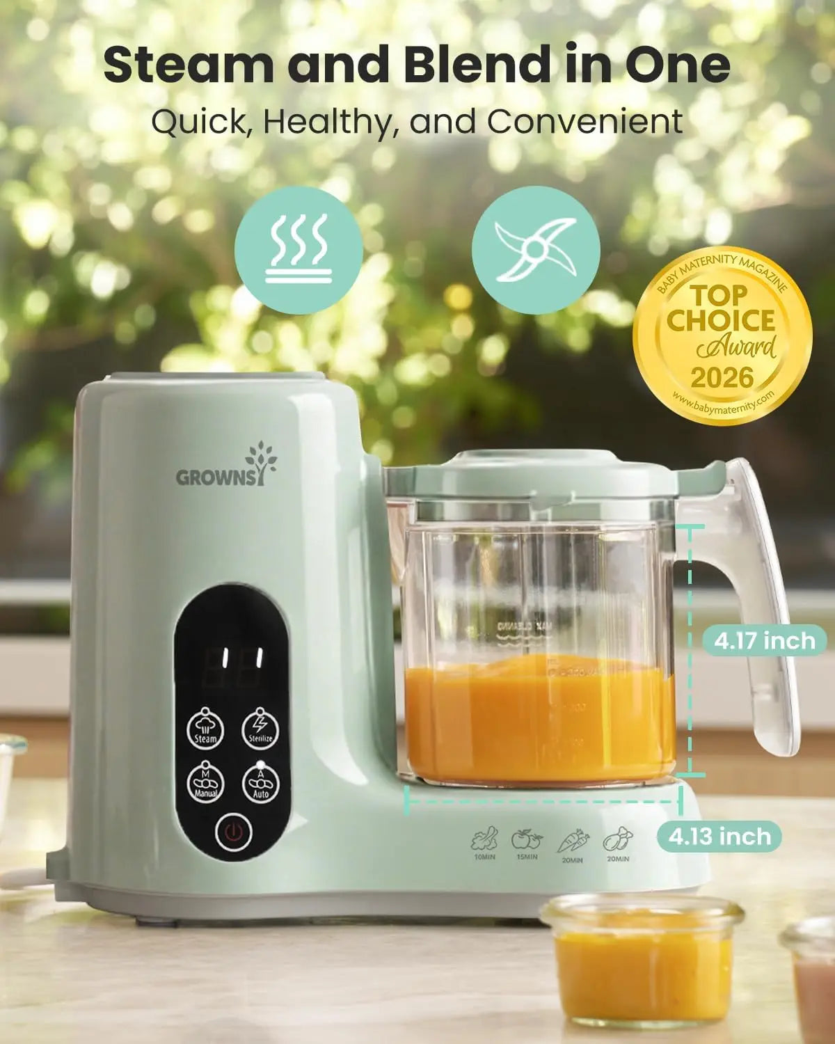 Baby Food Maker Steamer and Blender Combo, Auto Cooking & Sterilizing, 2 Mixing Modes, BPA-Free Tritan, Green