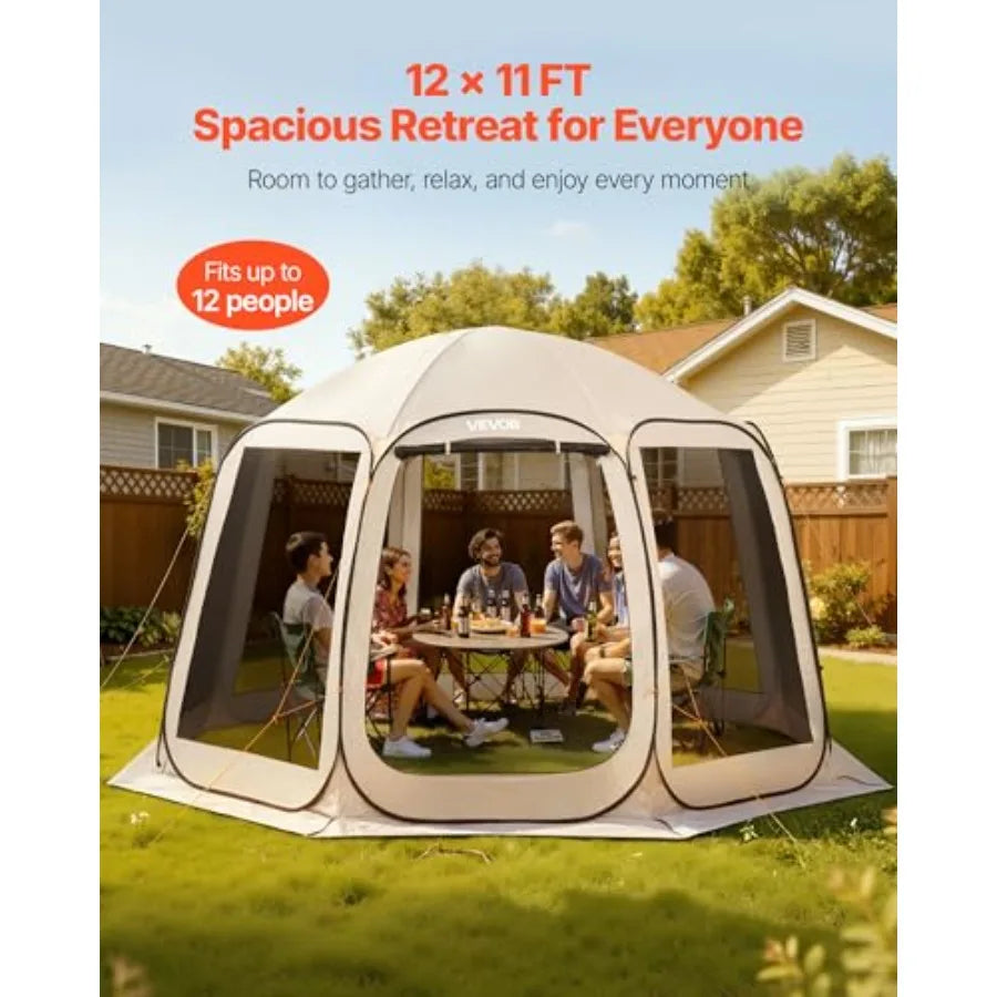 12 x 11 ft Pop up Screen House Tent 10-12 Person Screen Gazebo w/Carry Bag Netting Sides and Ground Stakes Quick Setup Screened