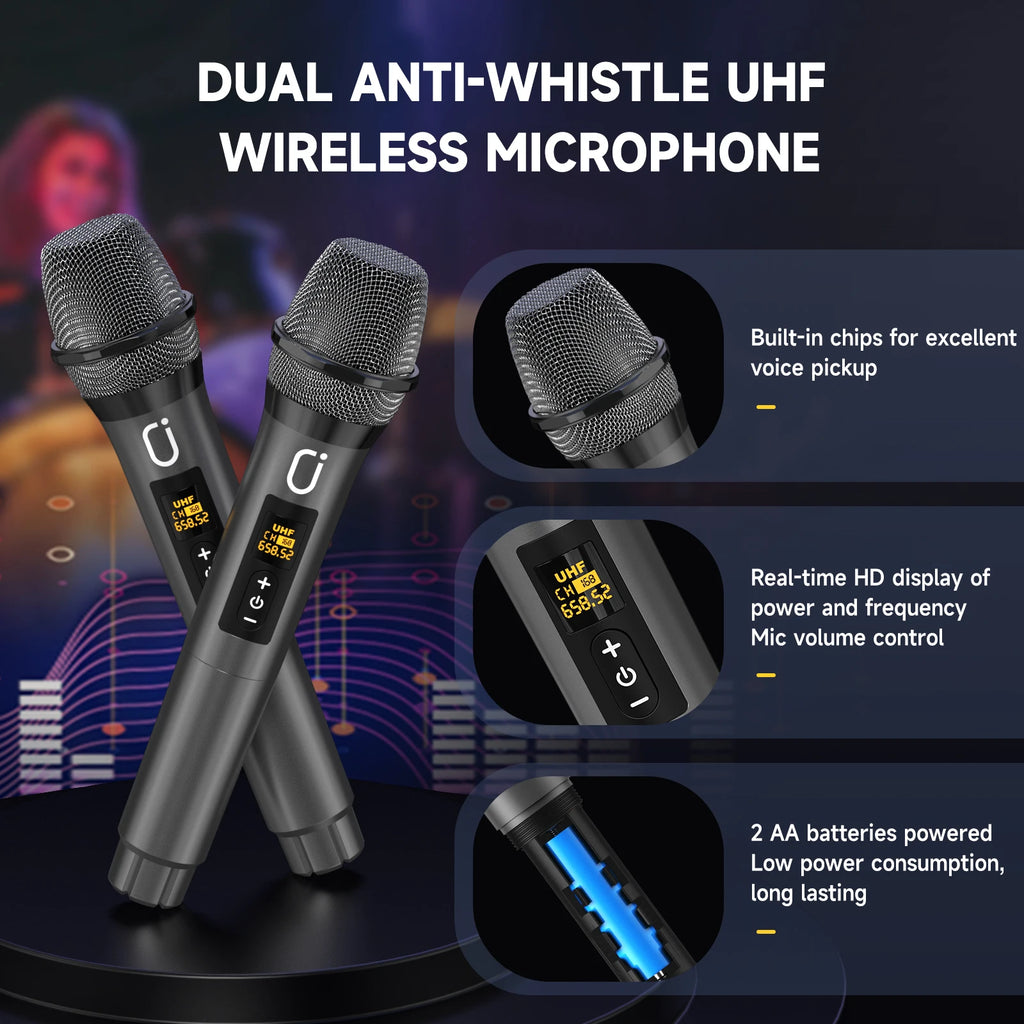 Kara Ok Machine with 2Wireless Microphones,Portable Bluetooth Speakers with Bass/Treble Adjustment,Pa System with Remote Control