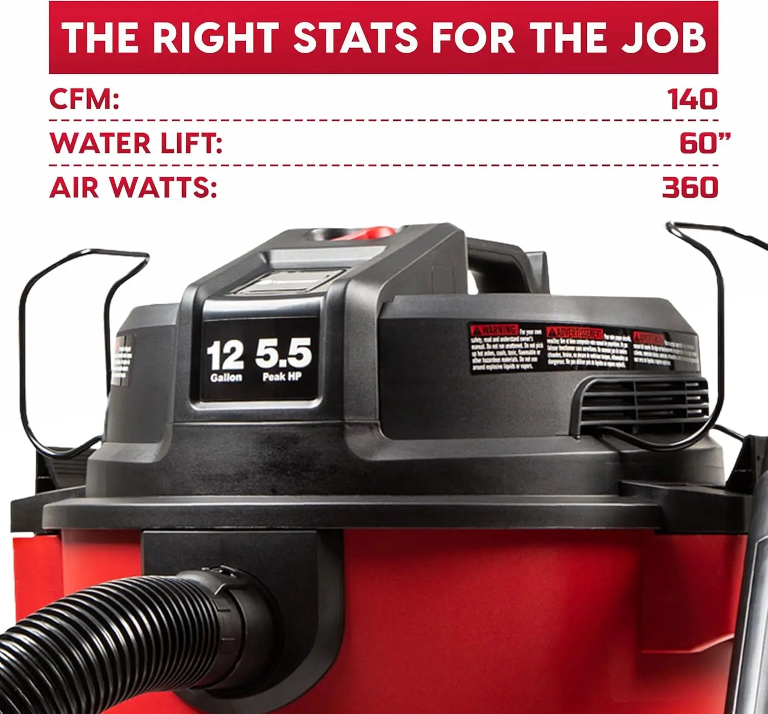 12-Gallon Heavy-Duty Wet/Dry Vacuum with 5.5 HP Motor, 9 Accessories & 27-Foot Reach