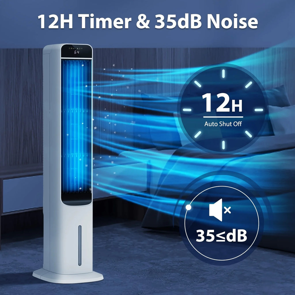 Portable Evaporative Cooler, Swamp Bladeless Tower Fan Air Conditioner with Ice Cooling And Humidification, 4 Ice Packs, 70 Degr
