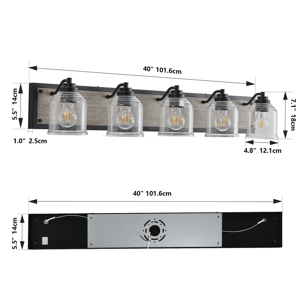 Modern 5-Light Vanity Light Bracket Light Wall Source Black Finish with Clear Seeded Glass Shade for Bathroom Powder Room Mirror