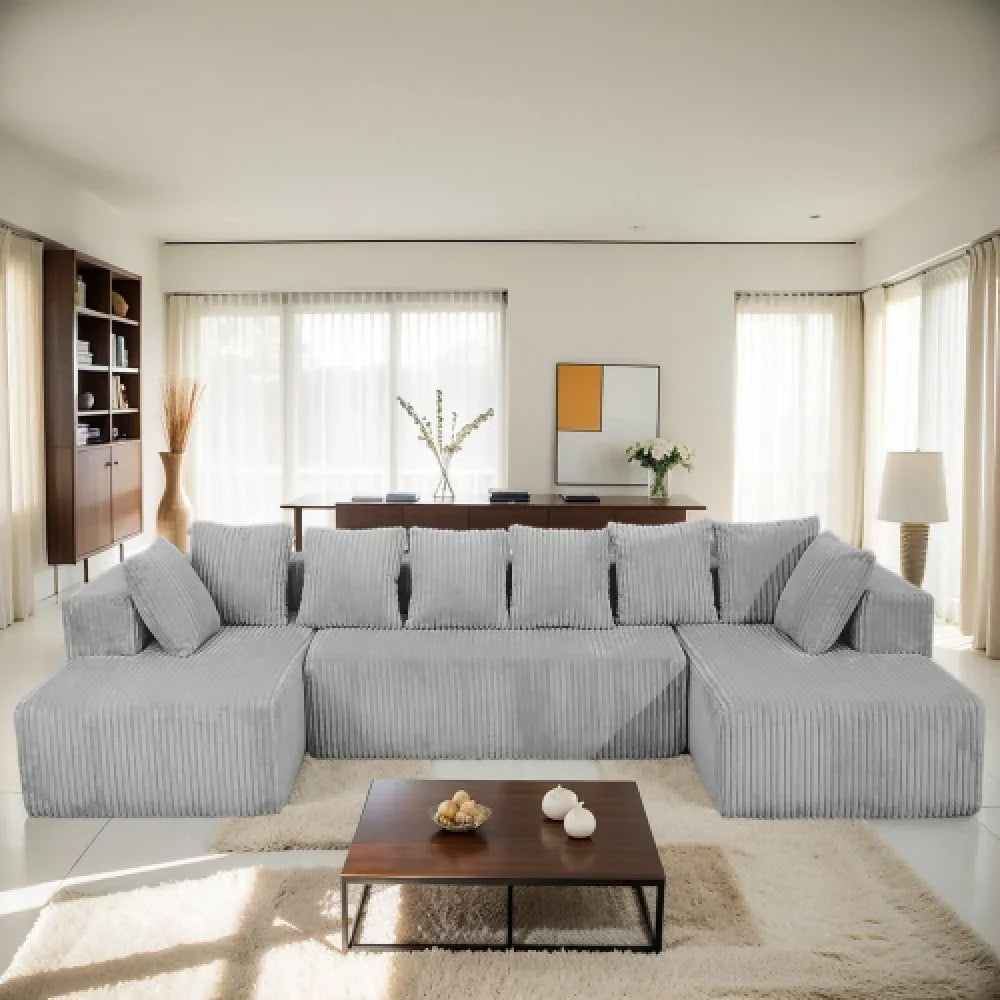 U-Shaped Sectional Sofa,130-inch 4-Seater Chaise Lounge with Striped Corduroy Fabric  Customizable Living Room or Bedroom Couch