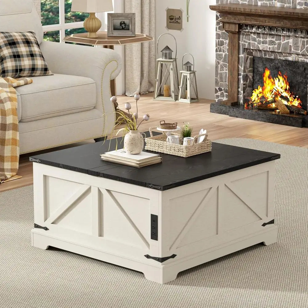White 35.4 Wide Storage Coffee Table with Lift Top and Charging Station