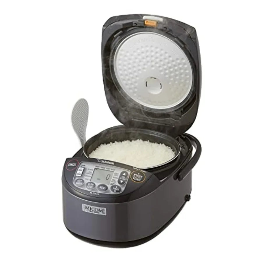 5.5 Cup Uncooked Umami Micom Rice Cooker Bundle with Oven Mitt 2-Pack and 15-Inch Bamboo Spoon in Black Stainless Steel