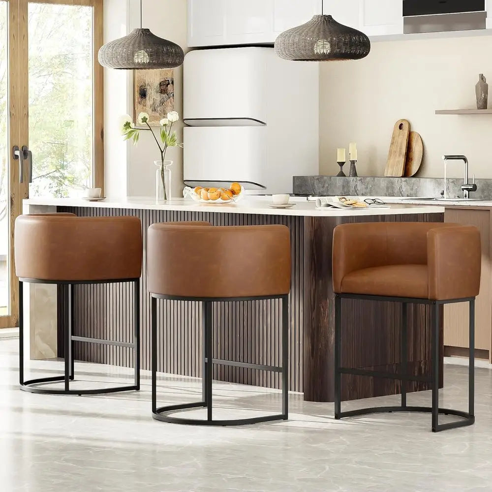 Set of 4 Counter Height Bar Stools with Backrest and Arms, Leather Upholstered, Walnut Brown