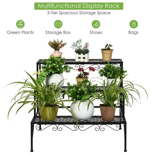 Elegant Three-Tier Metal Plant Stand with Modern Design for Indoor or Outdoor Use, Rust-Resistant Finish, Perfect for Flowers