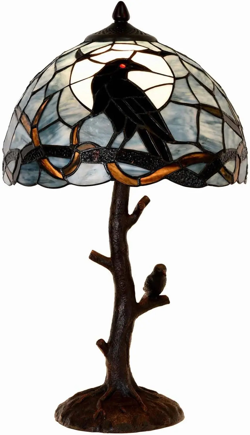 Tiffany Style Stained Glass Table Lamp with Raven on Tree Branch, Dark Blue for Home Decor