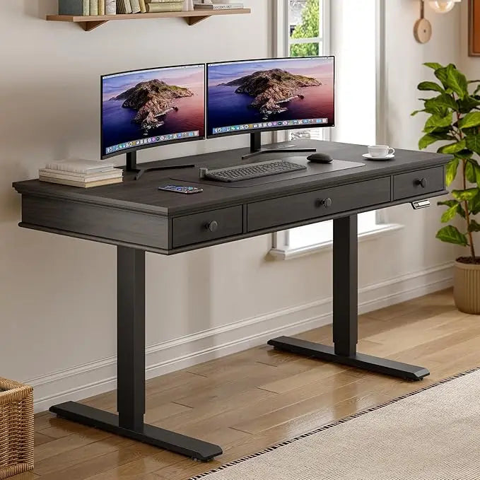Standing Desk with Drawers, 55 x 23 Inch Electric Height Adjustable Desk with Storage & Outlets, for Computer Workstation, Home