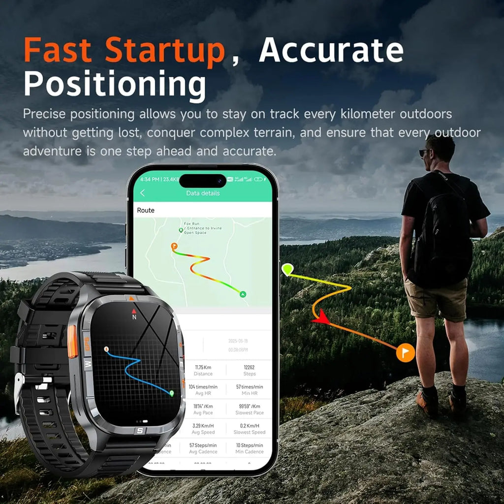 Military GPS Smart Watch with Compass, Altitude, Flashlight, HD Screen, Voice Assistant, Bluetooth Calling for Android iOS