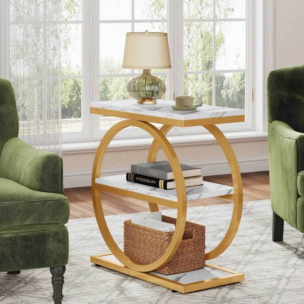End Table, Narrow End Table With 3 Storage Shelves, Wood Side Table With Black Metal Frames, Industrial Small Sofa Side Table F