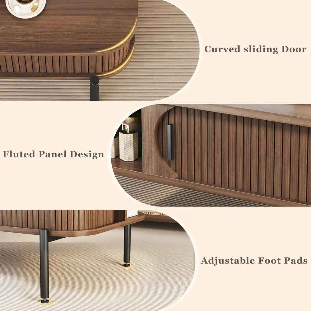 Rustic 2-Tier Walnut Coffee Table with Storage and Sliding Cabinet Door