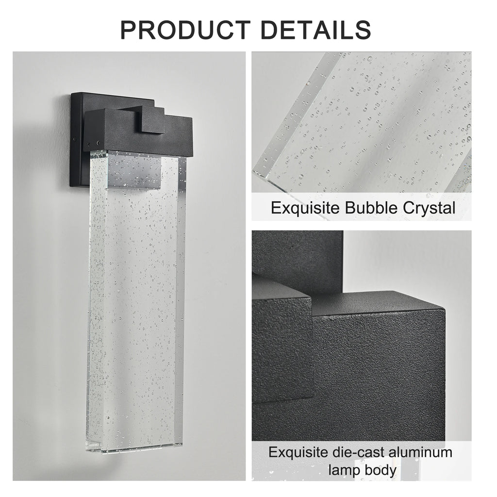 ARLGSITE Modern Outdoor Wall Light Fixture, Weatherproof LED Wall Sconce with Bubble Crystal, Black Finish, Up and Down Lighting