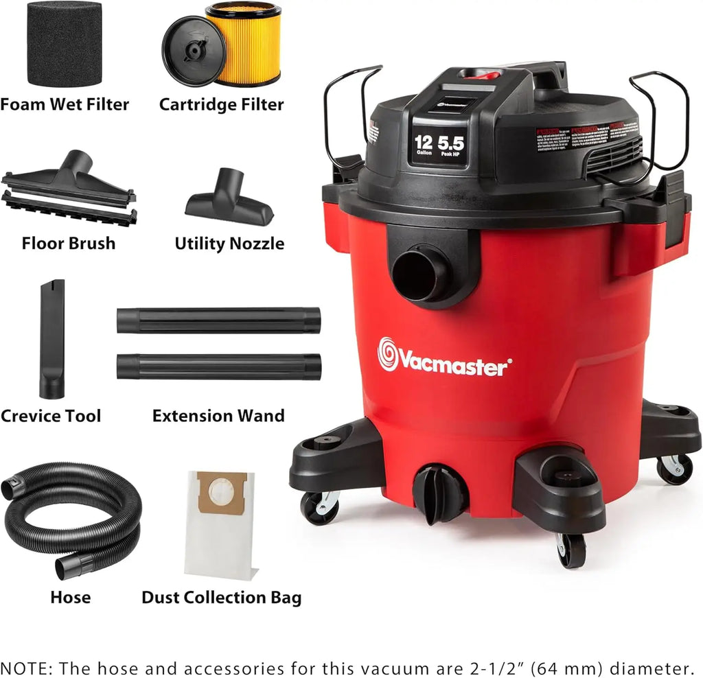12-Gallon Heavy-Duty Wet/Dry Vacuum with 5.5 HP Motor, 9 Accessories & 27-Foot Reach
