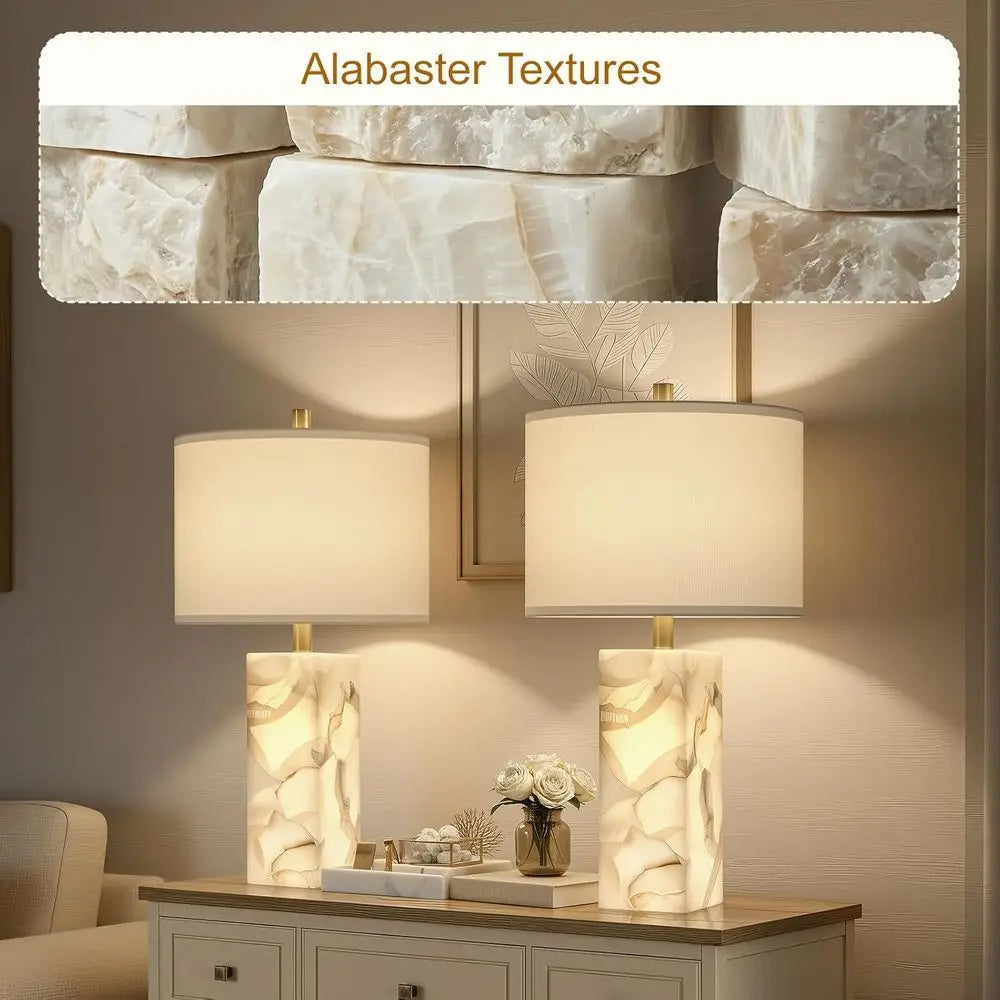 Alabaster Table Lamp Set of 2 with Night Light, 23 Rotary Switch, Linen Shade, Ideal for Bedroom, Living Room, Office or Dorm (B