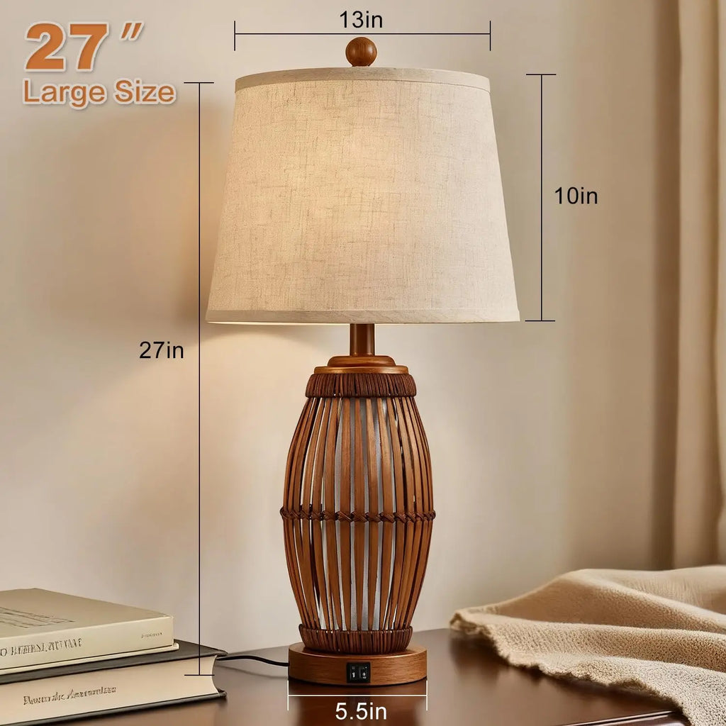 27" Vintage Bamboo Woven Table Lamps Set of 2 with Nightlight, USB A+C Ports and Bulbs Included for Bedroom Living Room