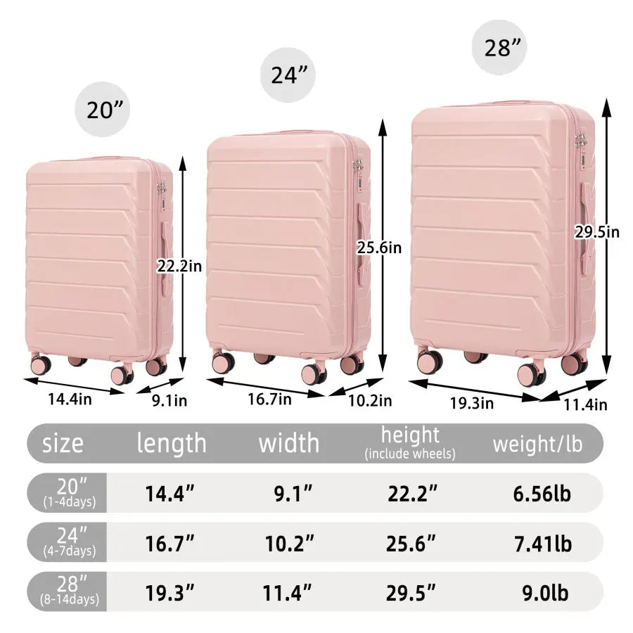 Tourist luggage set for travel: ABS spinner wheels, 20/24/28, matching pink color, includes combination lock